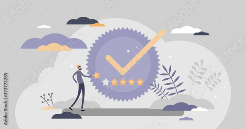 Quality badge with premium product certificate guarantee tiny person concept
