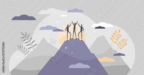 Success achievement and top goal fulfillment teamwork tiny persons concept