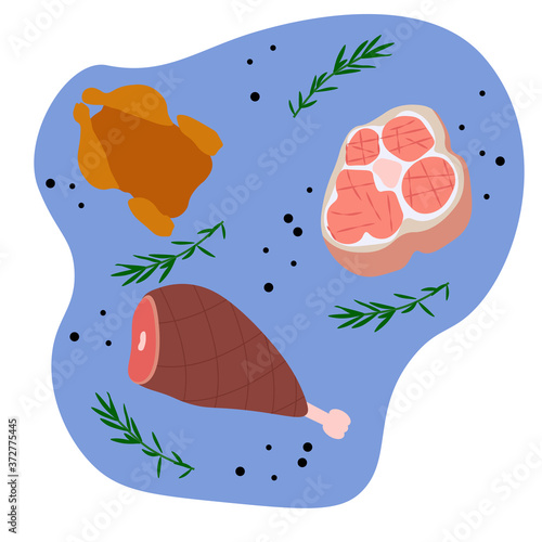 vector steak meat drawing with pepper and rosemary. bacon slice, tenderloin of beef, parma ham. Beef tenderloin. Pork knuckle. Uncooked pork chop. Vector illustration in flat style Collection element