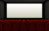 Empty movie theater with red seats end blank screen to add your own design in it. 3D rendering