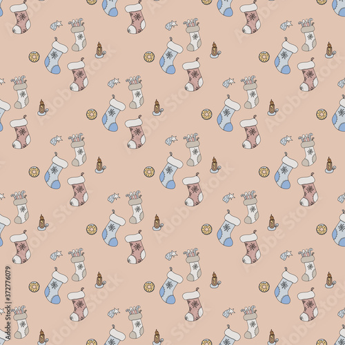 Christmas pattern on a light pink background - different socks with gifts, a candle and a Christmas star. For festive design and decoration. Vector 