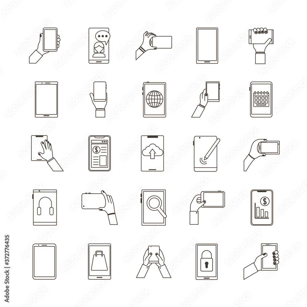 bundle of twenty five smartphones devices set icons