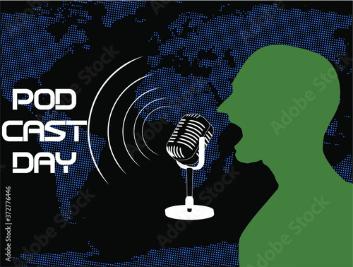 vector silhouette of a man shouting in front of the mic on a world map background depicting podcast activities, can be used as a world podcast day greeting card