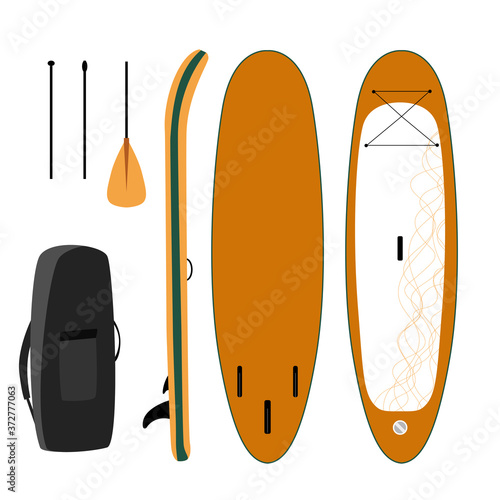 Yoga stand up paddle board set of objects isolated illustration.