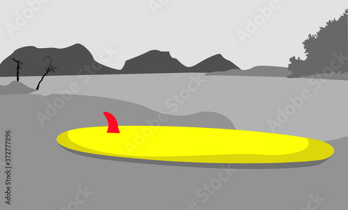 Monochrome Flat illustration of paddle board at the bank of river. River side landscape