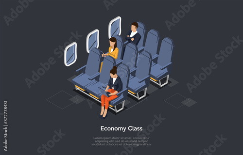 Airline Service Concept. Male And Female Characters Sitting In Economy Class Seats In The Aircraft. Man With Crossed Hands In Airplane, Women Using Their Laptops. 3d Isometric Vector Illustration