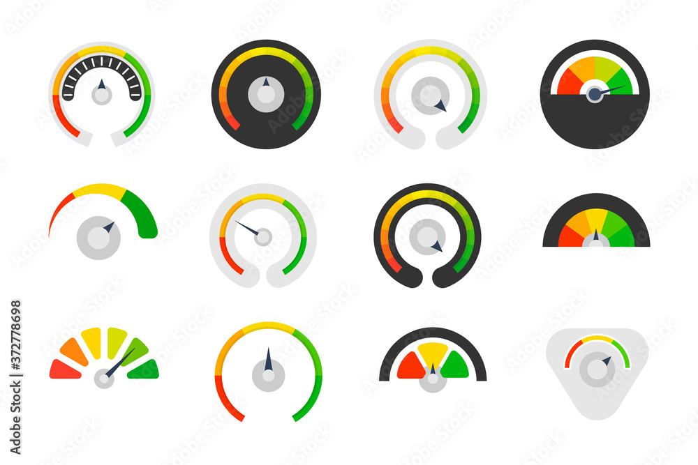 Speedometer set. Different measurement devices with a scale and arrow. Symbol of speed. Credit score indicators. Tachometer. Level indicator. Pressure gauge. Manometer. Thermostat. Speedometer set. Different measurement devices with a scale and arrow. Symbol of speed. Credit score indicators. Tachometer. Level indicator. Pressure gauge. Manometer. Thermostat.