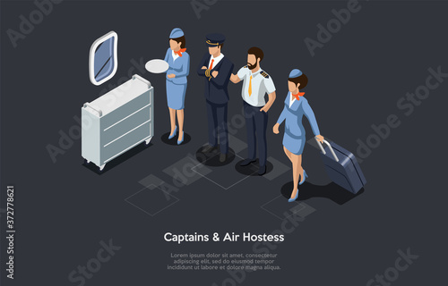 Aircrew, Captains And Flight Attendants Concept. Air Hostess, Captain And Pilot On A Board Of An Airplane Collectively Form A Flight Crew. 3d Isometric Vector Illustration On Dark Grey Background