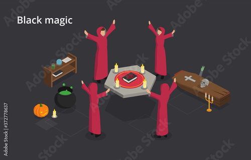 Spiritualism And Black Magic Concept. The Witches Perform A Black Magic Ritual. Using Of Supernatural Powers Or Magic For Evil And Selfish Purposes. 3d Isometric Vector Illustration On Gray Background