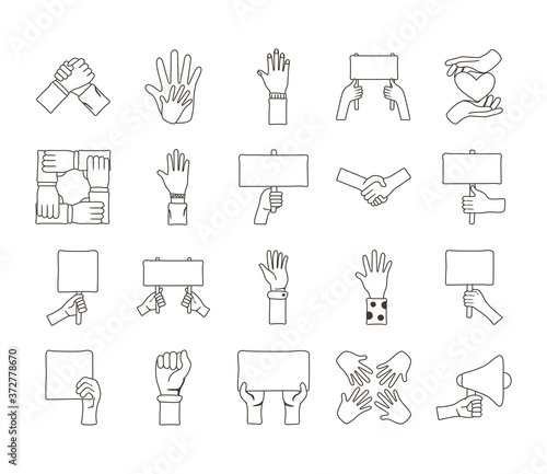 bundle of twenty hands protest set collection icons