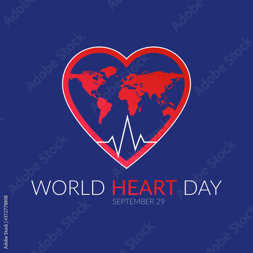 World heart day concept. Abstract silhouette of a heart with the image of the world map inside, red with a white outline and a cardiogram. On a dark blue background.