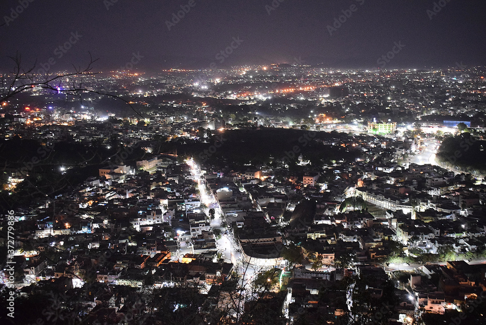 City night view from Shri Manshapurna Karni Mata temple for city - Udaipur India.