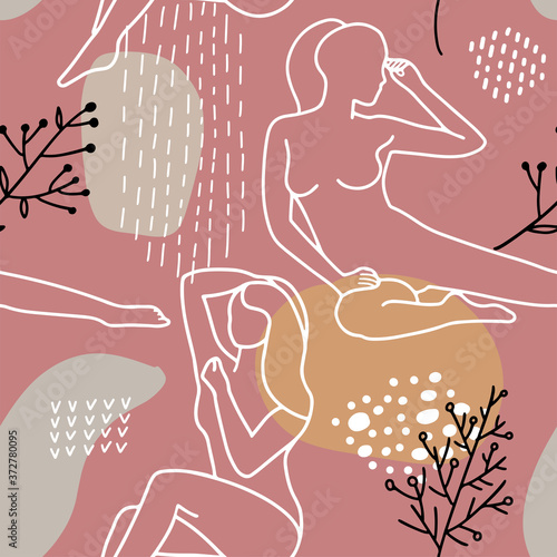 Abstract trendy seamless pattern with different shapes and women's silhouettes in warm earthy colours. Pink, beige, terracotta, mustard, pastel. Modern textile, branding, packaging. Line art