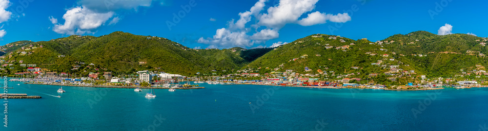 The wooded hilltops above Road Town dotted with colourful houses in Tortola