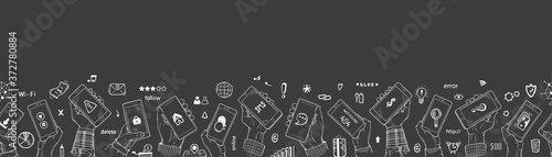 Hand Drawn Doodle Human Hands Holding Smartphone and Social Media Icons. Web Banner Horizontal Border Seamless Pattern. Vector illustration