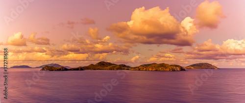 A view of the British Virgin Islands illuminated by the setting sun in Tortola