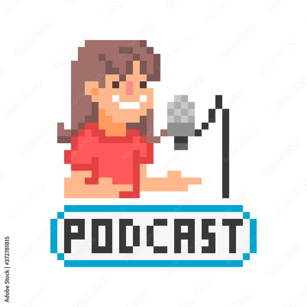 Happy smiling woman hosting podcast, 8 bit pixel art icon isolated on white background. Girl streaming online show. Radio personality broadcasting live. Vintage retro video game graphics.