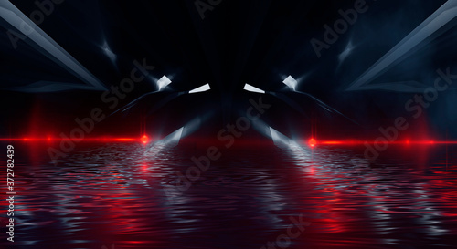 Abstract dark modern futuristic background with red neon light, beams and spotlights. Reflection of night lights in the water. Light tunnel, neon light. Empty night scene. 3D illustration.