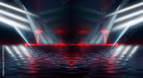 Abstract dark modern futuristic background with red neon light, beams and spotlights. Reflection of night lights in the water. Light tunnel, neon light. Empty night scene. 3D illustration. © MiaStendal
