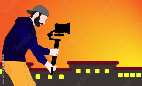 Vector Illustration: Caucasian videographer filming with cinema gimbal video dslr at sunset , professional video, videographer in event. Cinema lens on gimbal. Medium shot from right side
