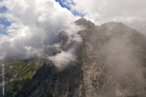 aerial view of the big horn shrouded in mist in the mountain area of the gran sasso italy abruzzo