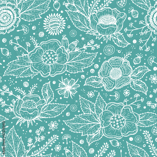 Vintage Floral Background. Flowers Seamless Pattern. Hand Drawn Bouquet, Leaves, Sprigs, Seeds and Grass. Vector illustration