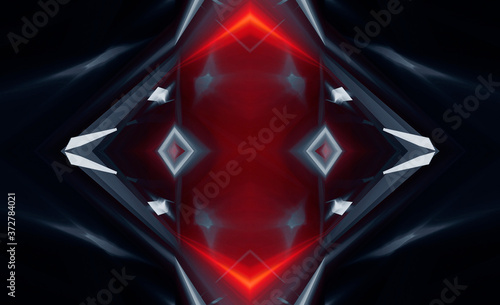 Abstract dark modern futuristic background with red neon light, beams and spotlights. Symmetrical reflection. Light tunnel, neon light. Empty night scene. © MiaStendal