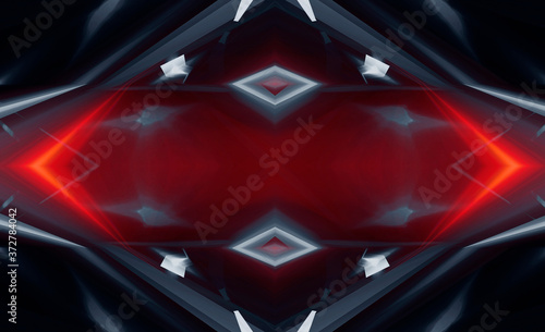Abstract dark modern futuristic background with red neon light, beams and spotlights. Symmetrical reflection. Light tunnel, neon light. Empty night scene. © MiaStendal