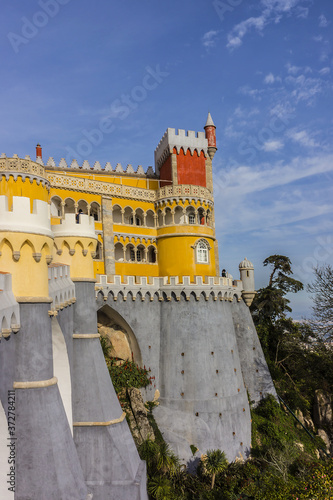 Architectural fragment of Pena Palace - Romanticist palace in Sao Pedro de Penaferrim. Sintra, Portugal. Pena Palace - UNESCO World Heritage Site and one of Seven Wonders of Portugal.