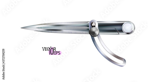 Realistic compass or dividers, locksmith marking tool. Dark chrome work instrument isolated on white background. Bench device blued modern, steel. Vector illustration.