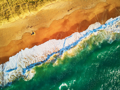 Aerial drone view of Atlantic ocean shore line in Brittany, France