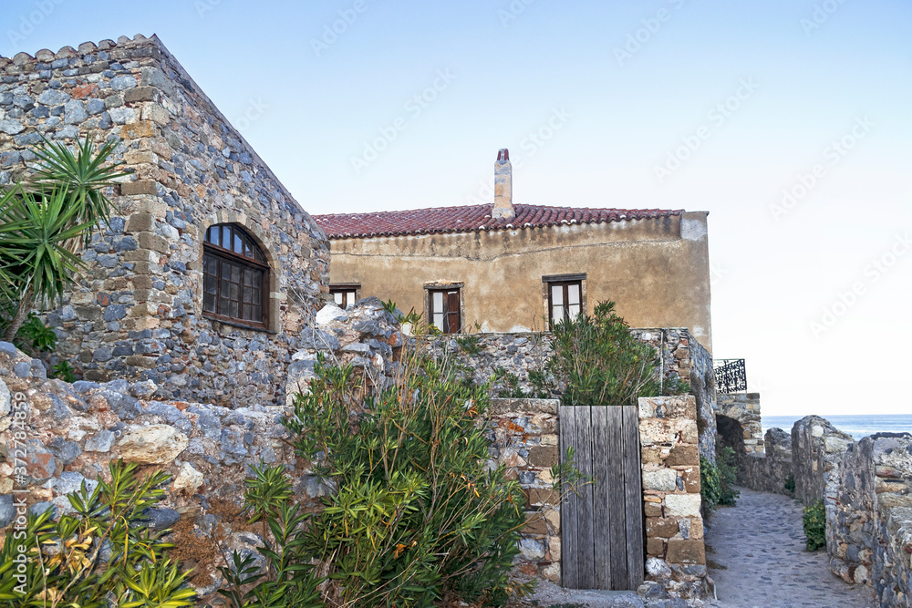 traditional old stone houses at Monemvasia Laconia Peloponnese Greece