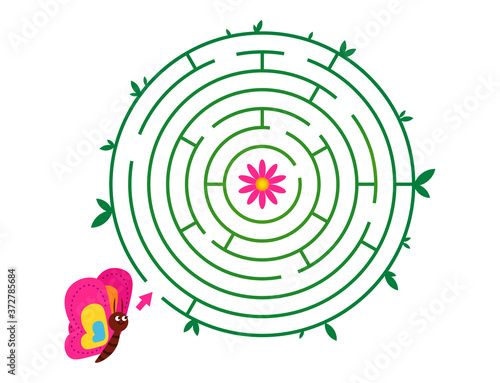 Illustration of grass round labyrinth or maze with butterfly and flower for kids.  Puzzle drawing in simple style for children book or magazine.