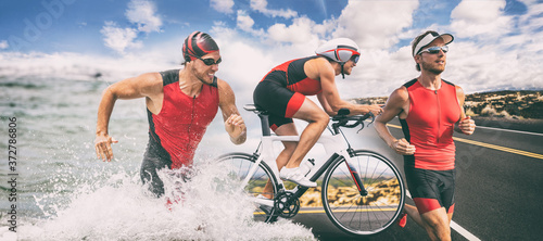 Triathlon swim bike run triathlete man running biking swimming in ocean at ironman race banner panorama. Three pictures composite of professional fitness athlete. photo
