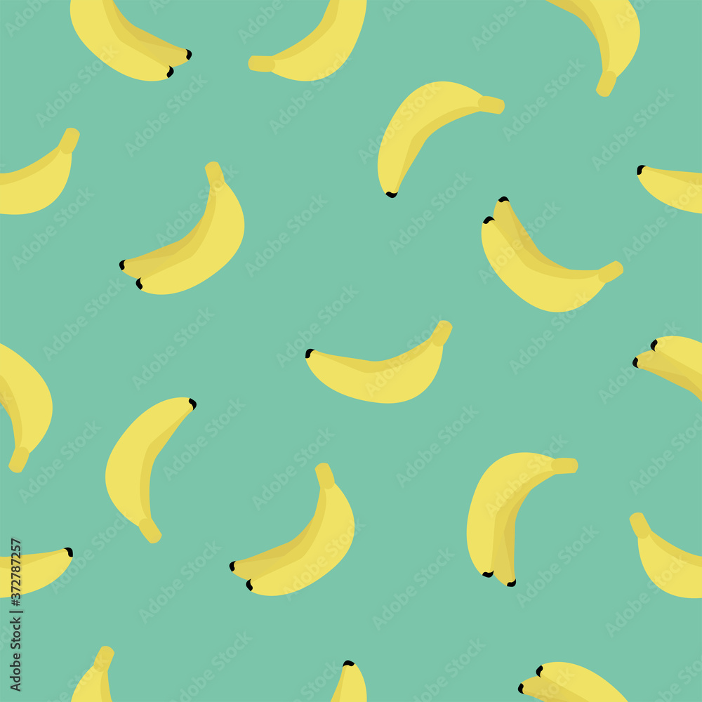 Vector seamless pattern of yellow bananas on a mint background.