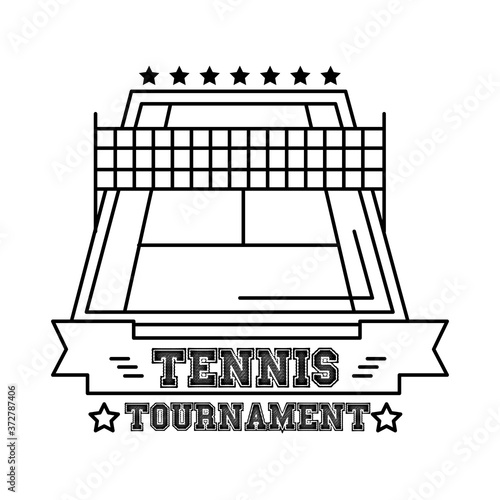 tennis court sport with ribbon and lettering line style icon