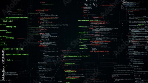 Abstract computer monitor with moving symbols. Animation. Green linux terminal commands on black background, conept of operating systems and technologies.