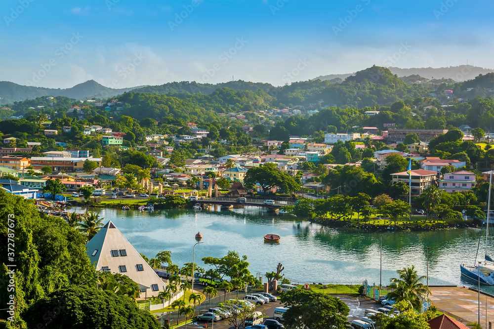 A view over an inner waterway in Castries, St Lucia in the morning