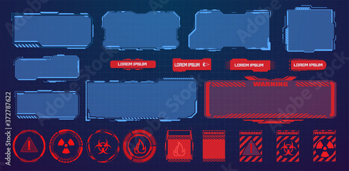 HUD, UI, GUI futuristic user interface screen elements set. High tech screen for video game. Sci-fi design. Callouts titles. Modern banners, frames of lower third. Red warning, danger frame. Vector