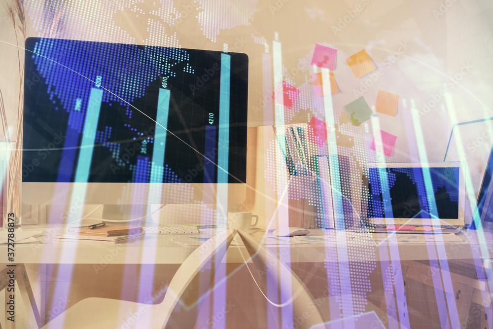 Double exposure of financial graph drawing and office interior background. Concept of stock market. Double exposure of financial graph drawing and office interior background. Concept of stock market.