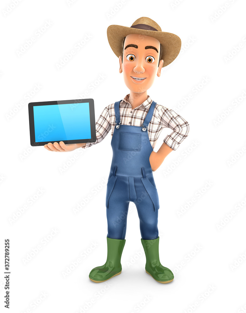 3d farmer standing with a tablet