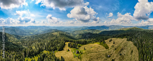 Aerial view of mountain meadow on sunny summer day in Beskidy, Krawcow Wierch, Poland photo