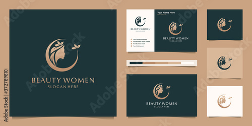 Elegant woman hair salon gold gradient logo design and business card