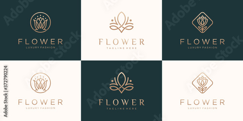 Set of rose flower logo design  with luxury line art style