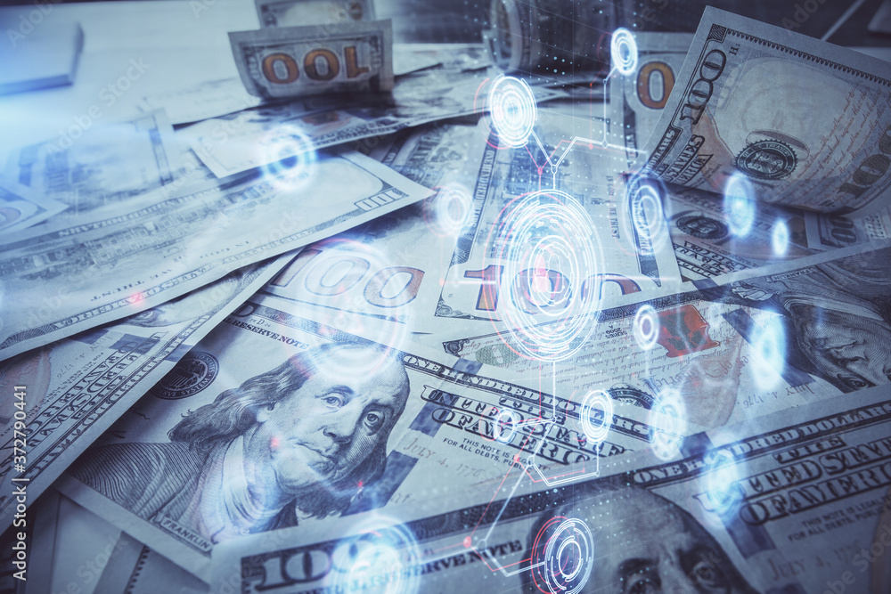Double exposure of data theme drawing over us dollars bill background. Technology concept. Double exposure of data theme drawing over us dollars bill background. Technology concept.