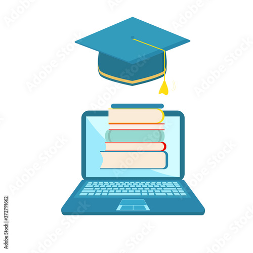 E-learning concept, distance education, school avatars. Laptop with books. Flat vector illustration.