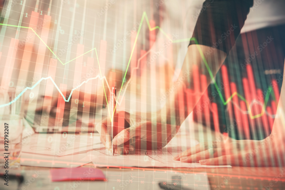 Multi exposure of woman hands typing on computer and financial chart hologram drawing. Stock market analysis concept. Multi exposure of woman hands typing on computer and financial chart hologram drawing. Stock market analysis concept.
