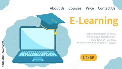 E-learning concept. Laptop and graduation cap. Online education, e-learning platform, online teaching concept. Website vibrant blue landing web page template. Flat vector illustration.