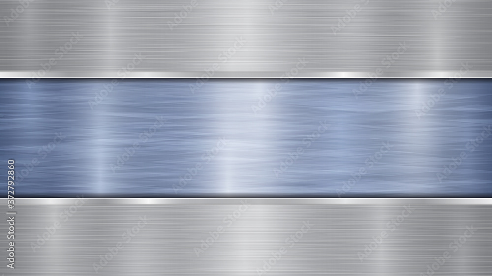 Background consisting of a blue shiny metallic surface and two horizontal polished silver plates located above and below, with a metal texture, glares and burnished edges