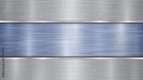 Background consisting of a blue shiny metallic surface and two horizontal polished silver plates located above and below, with a metal texture, glares and burnished edges